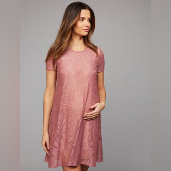 BCBGMAXAZRIA Lace Long Sleeve Maternity Dress dusty pink lace nude lining (H1) - Picture 1 of 12